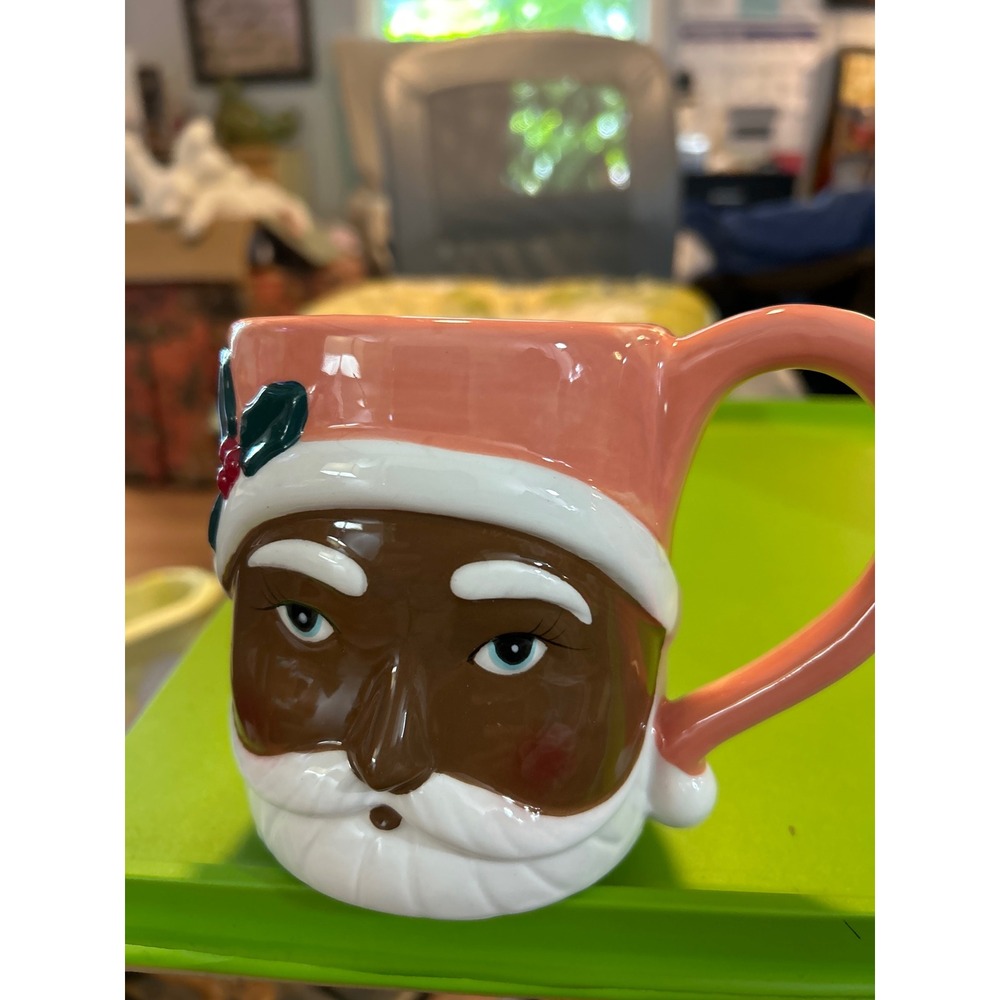 HGTV Home Collection Black Santa Claus Ceramic Mug Pink Hat Christmas Holiday